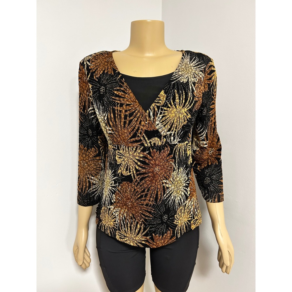 Y2K Boho Notations Petite PXL Wrap Top Metallic Gold Floral Burst 3/4 Sleeve